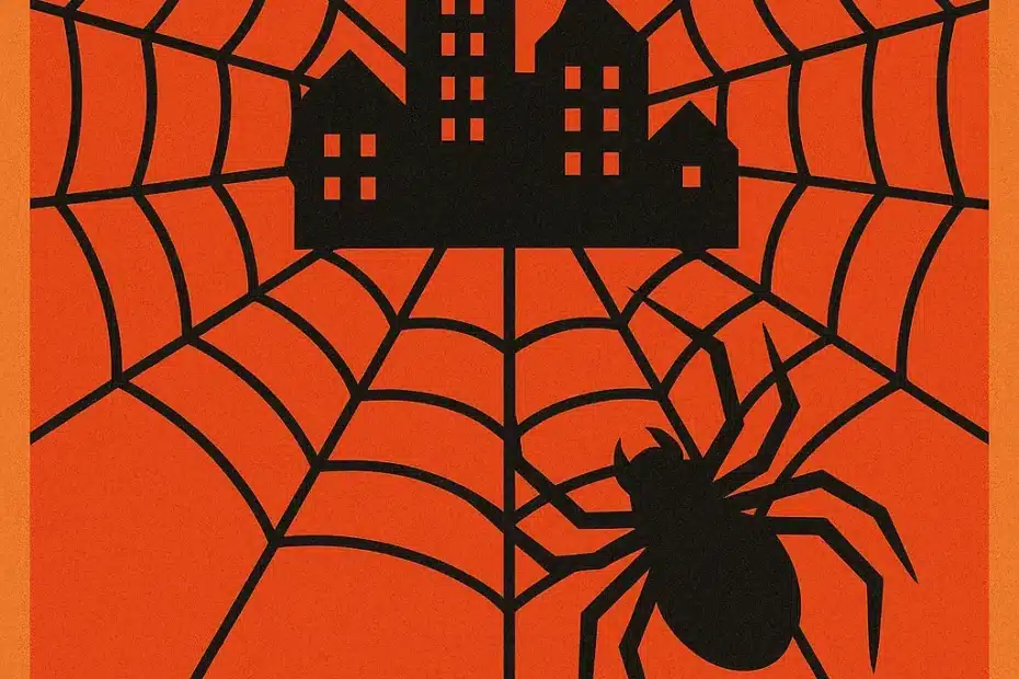 Retro waarschuwingsposter over ondermijning in de financiële sector, FinCrimeFighters Illustratie van spinnenweb en stad met waarschuwing ONDERMIJNING!
