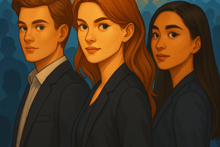 Jonge professionals op een zakelijk event met boven hen een oranje banner met de tekst “Hét Risk Event van 2025”. De sfeer is professioneel en inspirerend.